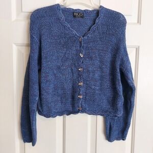 Vintage 90s RICO Med Blue Speckled Knit Cardigan Sweater Buttons Scalloped Hem